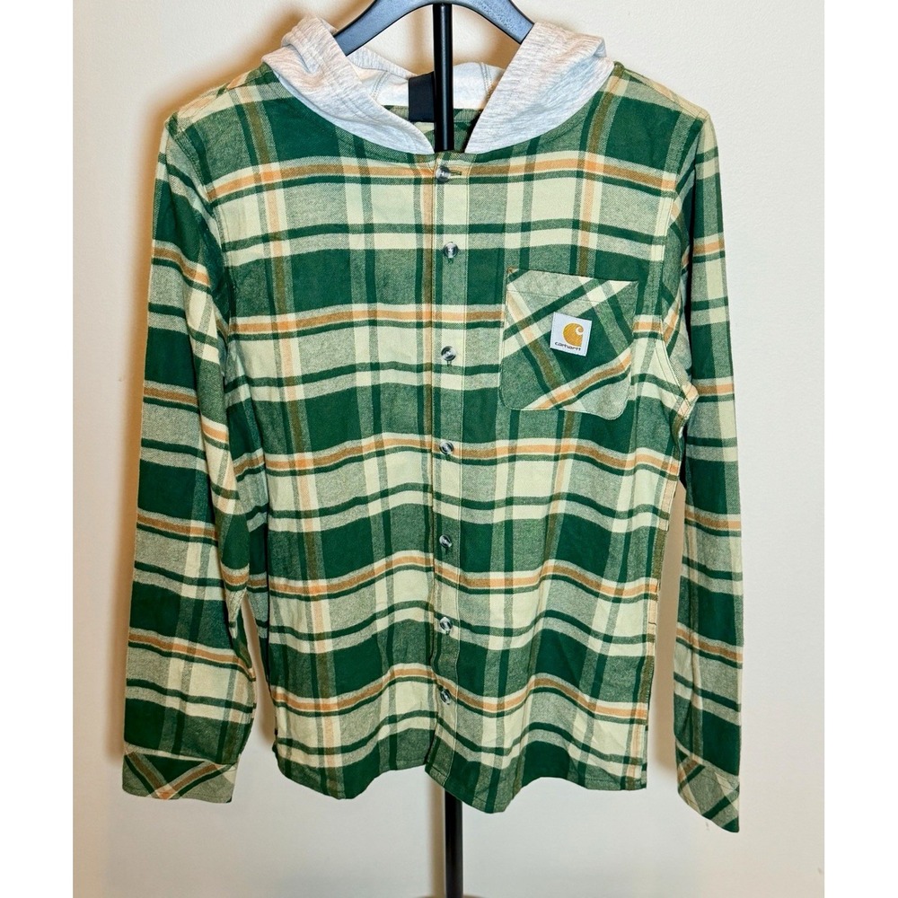 Carhartt Plaid Flannel Hooded Button-Up Shirt Green Youth L 14-16 TW8212-B